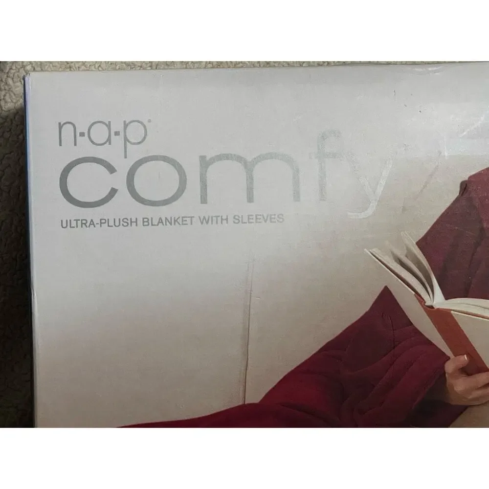 NIB Brookstone Cranberry Ultra Plush Blanket w/Sleeves Satin Trim Christmas gift